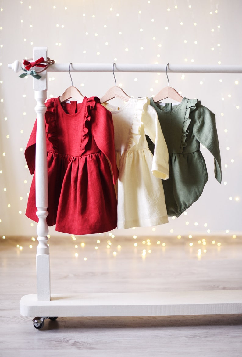 Baby Christmas Outfit, Baby Christmas Dress, Toddler Christmas Dress, Ruffled Dress, Red, Cream and Sage Green Linen image 6