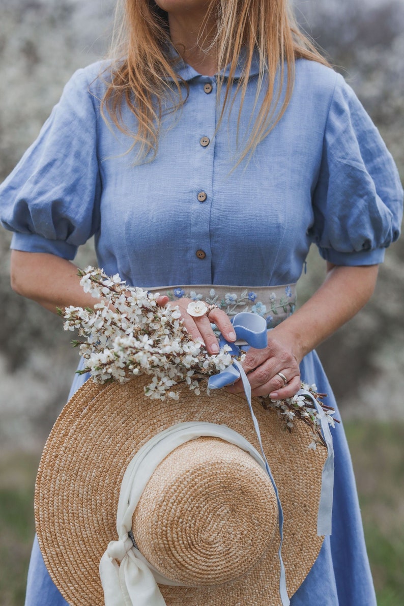 Linen Women Dress, Peter Pan Collar Dress, Puff Sleeve Dress, Circle Skirt, Summer Dress, Hydrangea Blue Dress, Vintage Style Dress image 1