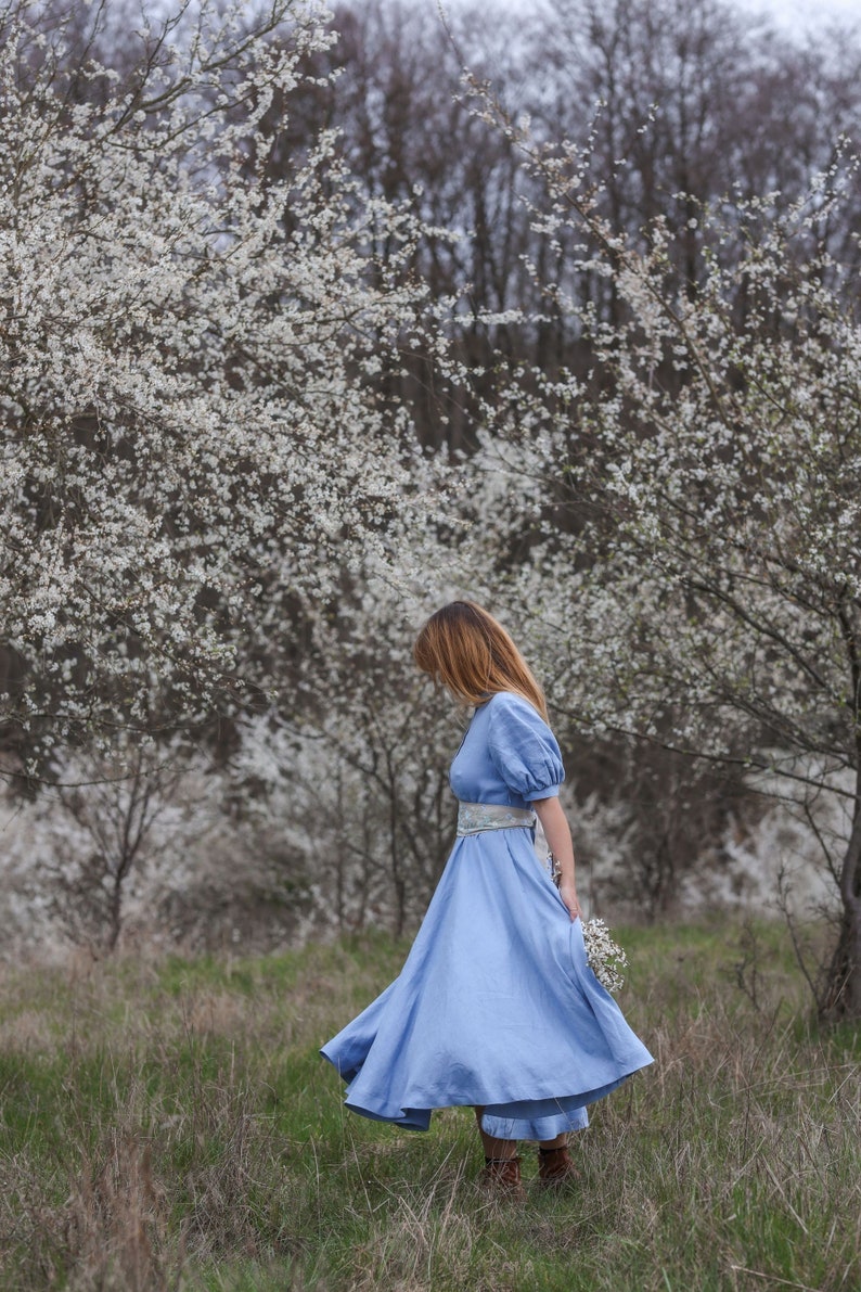 Linen Women Dress, Peter Pan Collar Dress, Puff Sleeve Dress, Circle Skirt, Summer Dress, Hydrangea Blue Dress, Vintage Style Dress image 2