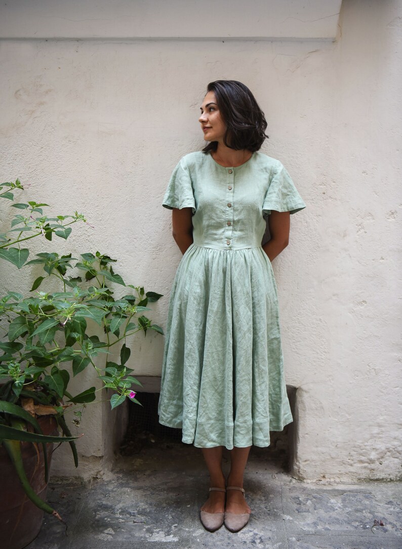 Linen Dress, Bridesmaid Dress, Light Green Dress, Summer Dress, Bell Sleeve Dress, Women Dress, Linen Wedding Dress, Midi Dress image 1