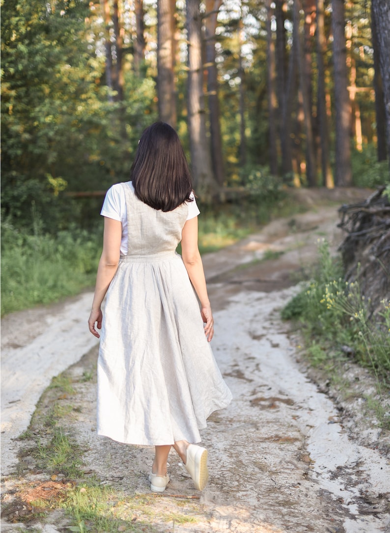 Linen Overalls, Pinafore Dress Women, Twirl Dress, Linen Dress, Rustic Wedding Dress, Japanese Apron Dress, Linen Jumpsuit, Midi Skirt image 7