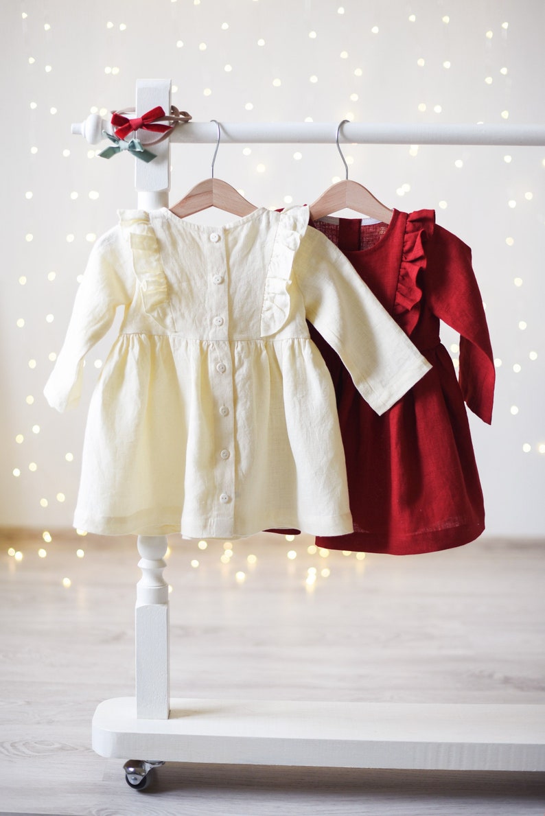 Baby Christmas Outfit, Baby Christmas Dress, Toddler Christmas Dress, Ruffled Dress, Red, Cream and Sage Green Linen image 1