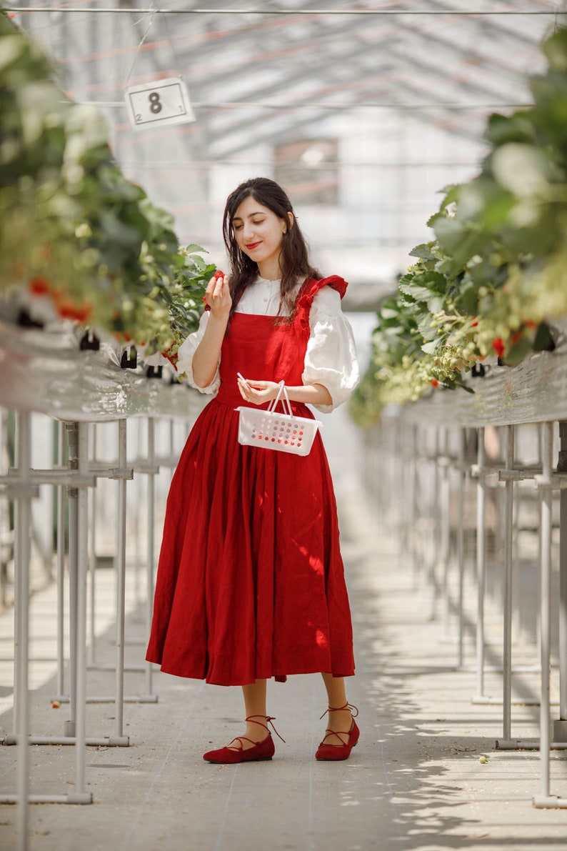 Women Pinafore Dress, Linen Midi Dress with Pockets, Ruffle Linen Pinafore, Vintage Style Dress, Red Apron Dress, Cross Back Dress image 2