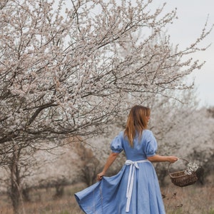 Linen Women Dress, Peter Pan Collar Dress, Puff Sleeve Dress, Circle Skirt, Summer Dress, Hydrangea Blue Dress, Vintage Style Dress image 3