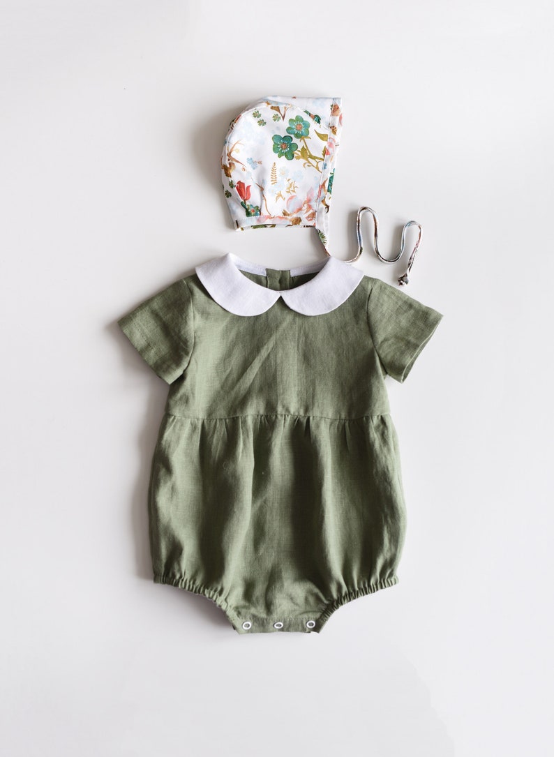 Baby Romper Baby Outfit Girl Linen Baby Linen Romper Sage Green Peter Pan Collar Baby Clothes Toddler Romper Linen Romper
