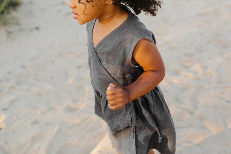 Linen Wrap Dress, Linen Summer Dress, Flower Girl Dress, Toddler Linen Dress, Taupe Linen, Sleeveless Dress image 6