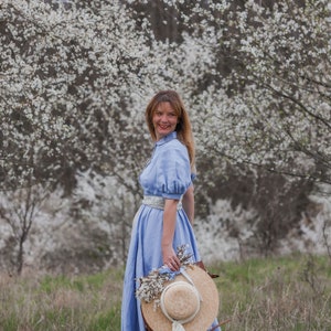 Linen Women Dress, Peter Pan Collar Dress, Puff Sleeve Dress, Circle Skirt, Summer Dress, Hydrangea Blue Dress, Vintage Style Dress image 8