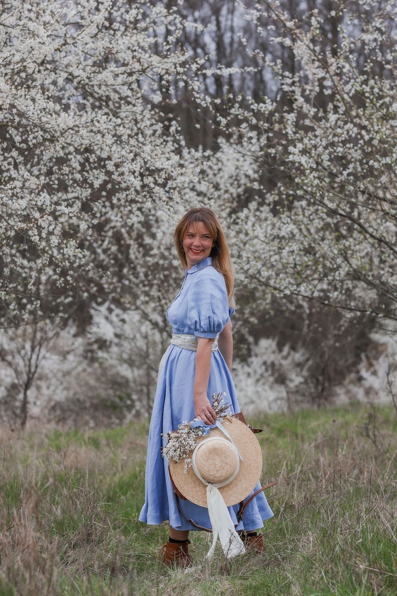 Linen Women Dress, Peter Pan Collar Dress, Puff Sleeve Dress, Circle Skirt, Summer Dress, Hydrangea Blue Dress, Vintage Style Dress image 8