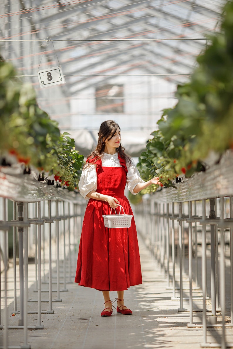 Women Pinafore Dress, Linen Midi Dress with Pockets, Ruffle Linen Pinafore, Vintage Style Dress, Red Apron Dress, Cross Back Dress image 5