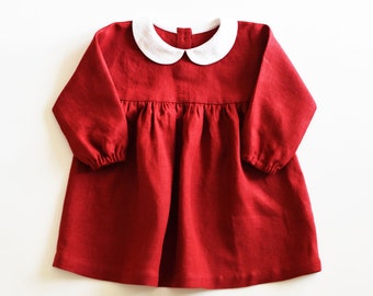 Linen Baby and Toddler Dress with Peter Pan Collar, Deep Red Dress for First Christmas, Infant Girl Christmas Outfit