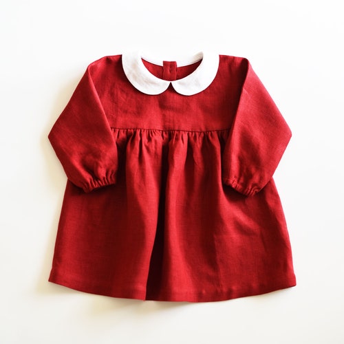 Linen Baby and Toddler Dress With Peter Pan Collar Deep Red Etsy