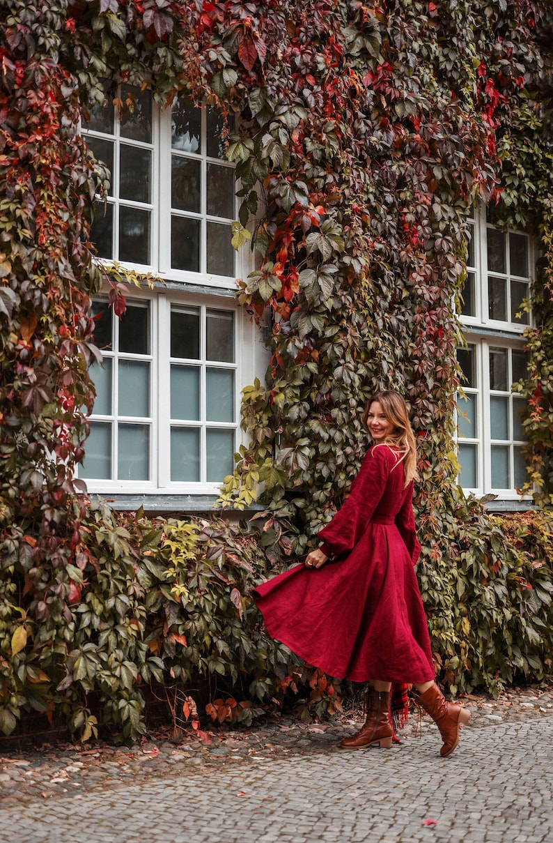 Linen Women Dress, Full Circle Skirt, Modest Bridesmaid Dress, Burgundy Midi Dress, Fall Dress, Vintage Style Dress, Petite and Tall Clothes image 6