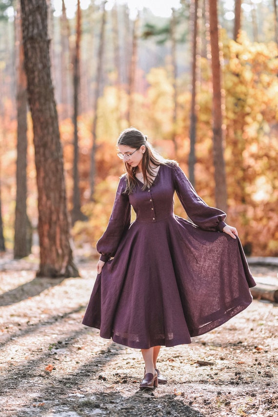 Linen Women Dress Full Circle Skirt Puff Sleeve Dress - Etsy