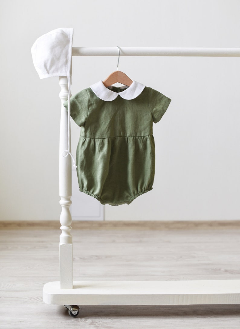 Baby Romper Baby Outfit Girl Linen Baby Linen Romper Sage Green Peter Pan Collar Baby Clothes Toddler Romper Linen Romper
