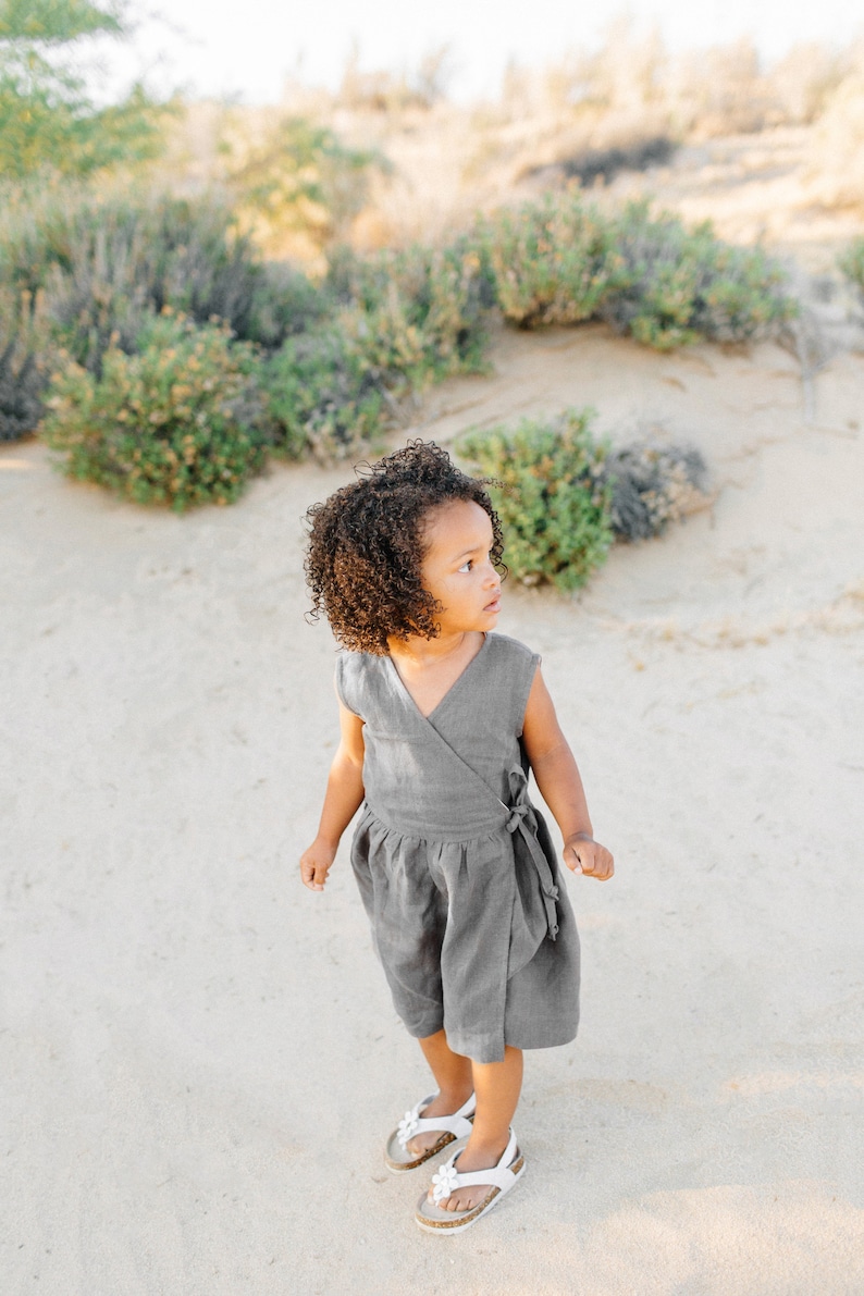 Linen Wrap Dress, Linen Summer Dress, Flower Girl Dress, Toddler Linen Dress, Taupe Linen, Sleeveless Dress image 1