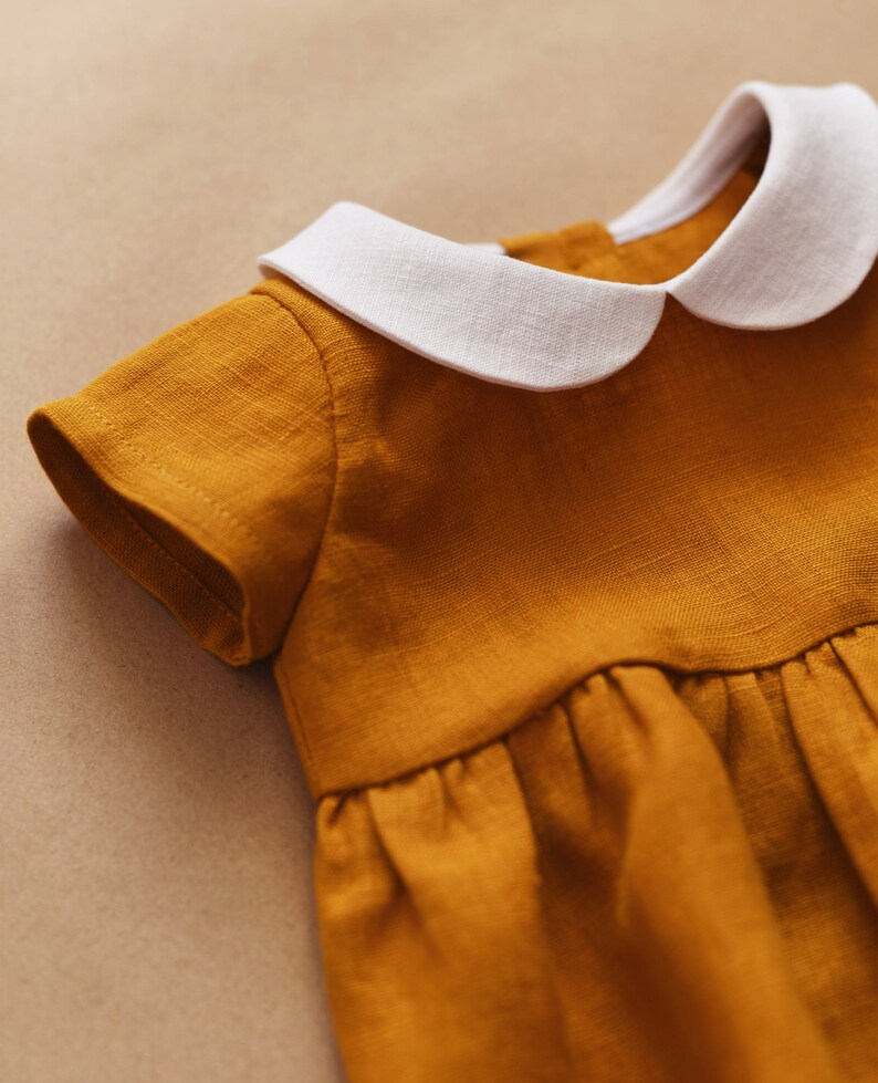 Linen Dress Baby Dress Peter Pan Collar Mustard Linen Baby Etsy