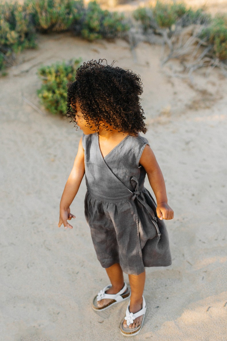 Linen Wrap Dress, Linen Summer Dress, Flower Girl Dress, Toddler Linen Dress, Taupe Linen, Sleeveless Dress image 2