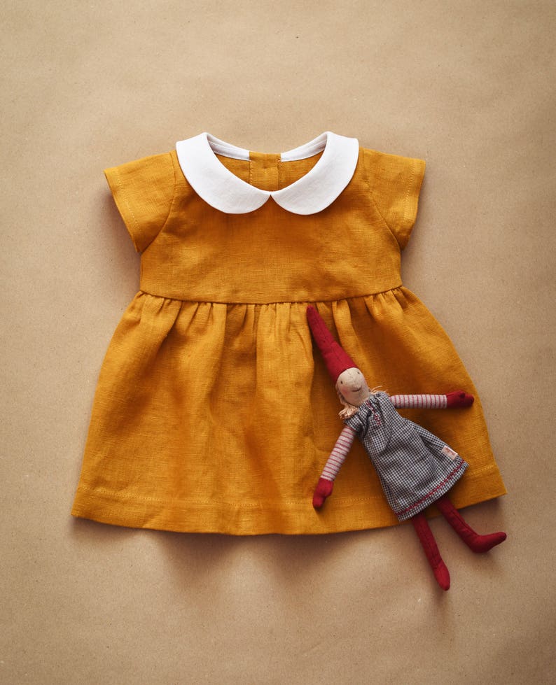 Linen Dress Baby Dress Peter Pan Collar Mustard Linen Baby Etsy