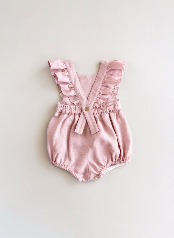 Linen Baby Romper Ruffle Jumpsuit Girls Frilly Romper 1st | Etsy