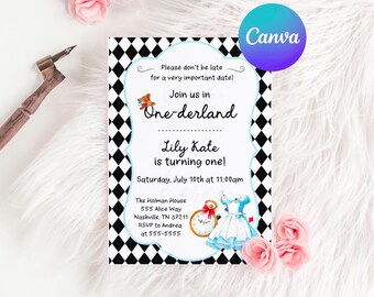 Invitation Alice aux Pays-Bas, Tea Party 1er anniversaire (modèle imprimable modifiable)