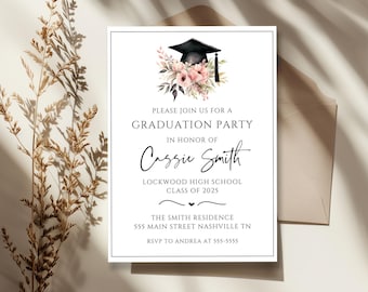 Floral Graduation Party Invitation, Editable Canva Template (Digital Download)