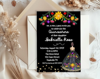 Invitation florale de quinceañera, modèle modifiable pour le 15e anniversaire (numérique)