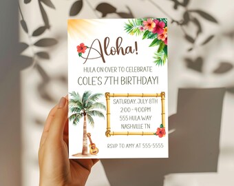 Faire-part d'anniversaire aloha, fête tropicale tiki, modèle modifiable