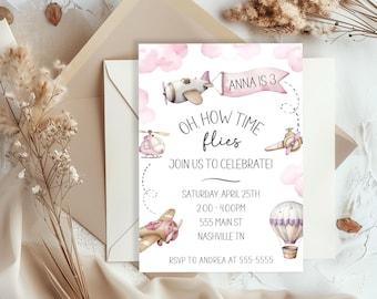 Modèle d'invitation d'anniversaire d'avion, invitation de fête de fille (modifiable)