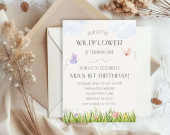 Faire-part 1er anniversaire de fleurs sauvages, modèle floral pastel sur toile