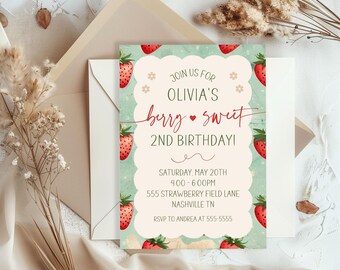 Faire-part d'anniversaire aux fraises, invitation fille vintage modifiable (numérique)