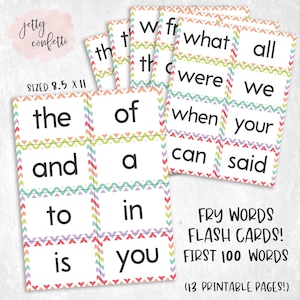 100 Liste Fry Sight Word Flash Cards | 100 premiers mots | 13 Pages imprimables