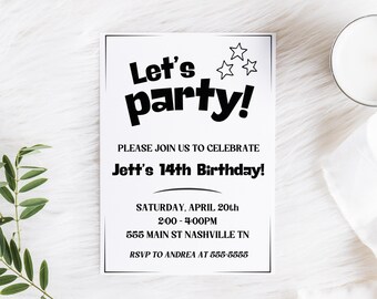 Modèle d'invitation d'anniversaire noir et blanc, tout âge (toile modifiable, téléchargement immédiat)