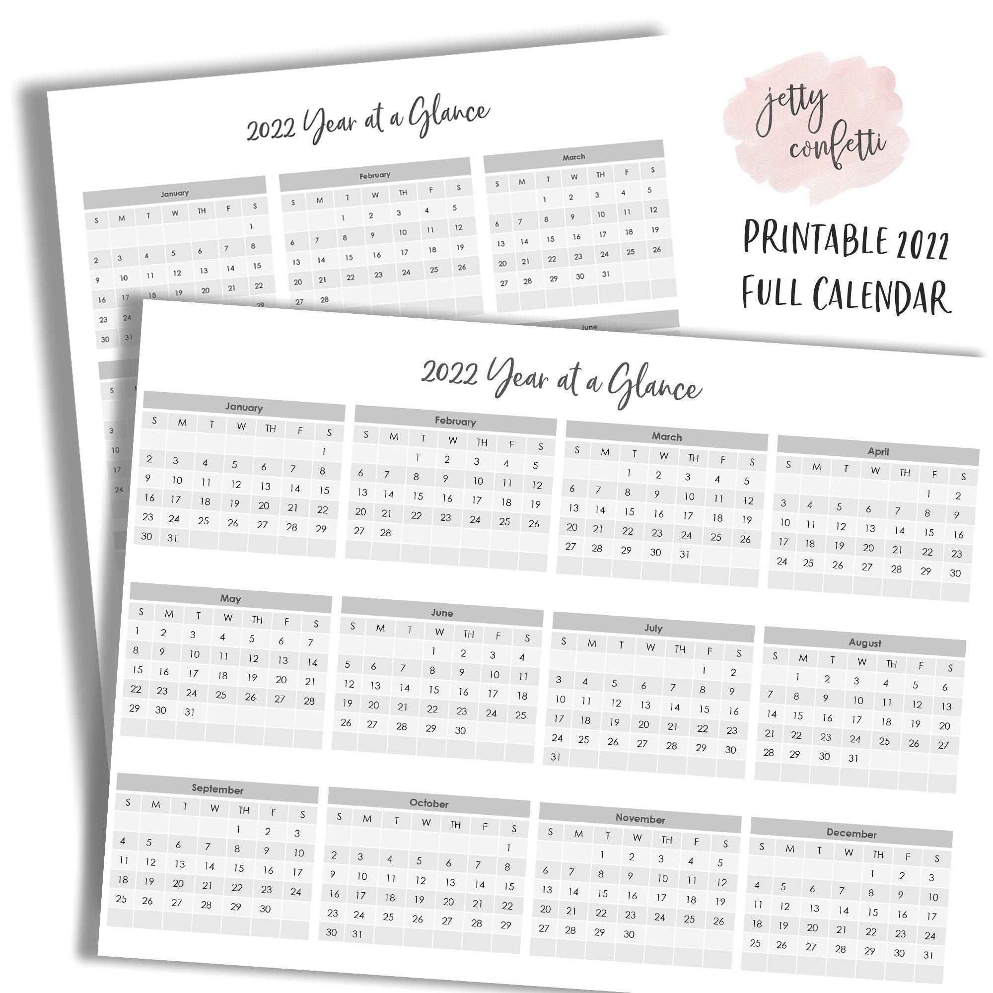 printable year at a glance 2022 calendar pdf landscape and etsy