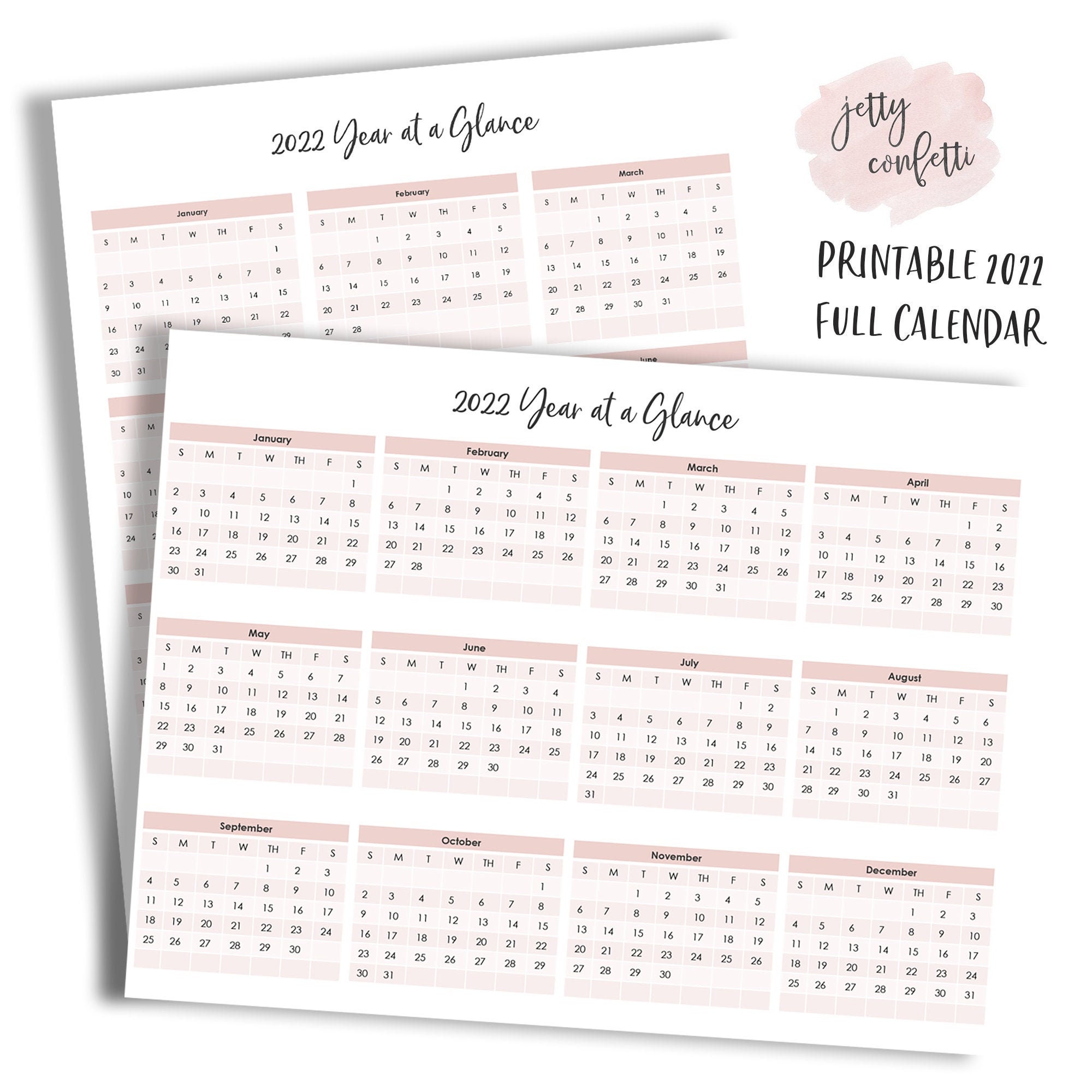 printable year at a glance 2022 calendar pdf landscape