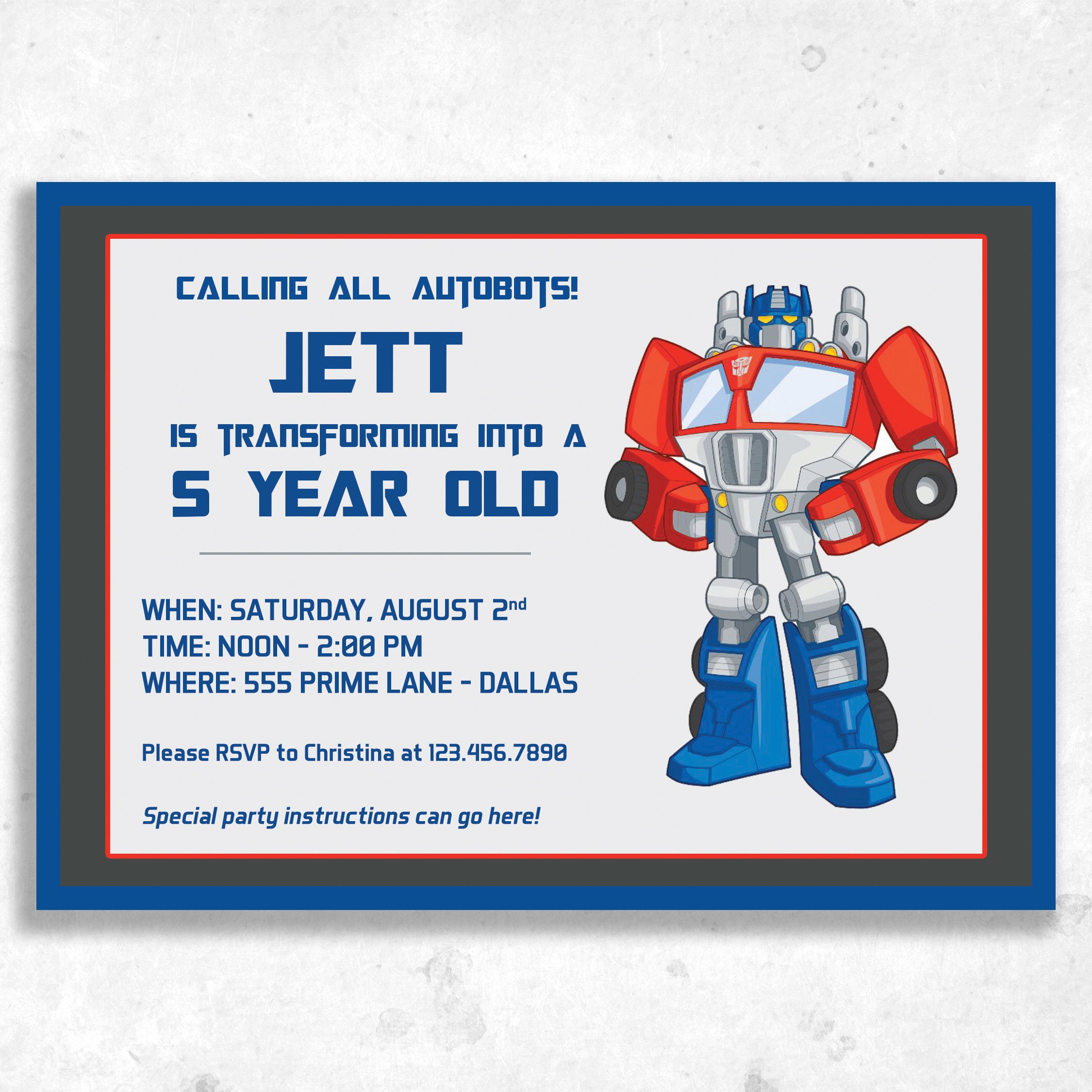Invitación de cumpleaños de Optimus Prime | Etsy