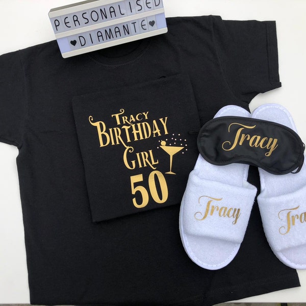 Birthday Girl set, Pamper Party T-shirt, sleep mask, spa slippers set, 18th, 21st, 30th, 40th Birthday