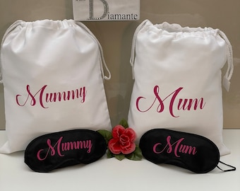 Mum Mothers day gift bag, Sleepover white draw string bag set , eye mask, spa slippers