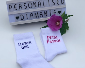 Flower Girl socks, Personalised flower girl socks, flower girl gift, will you be my flower girl, personalised socks,white socks, rose gold