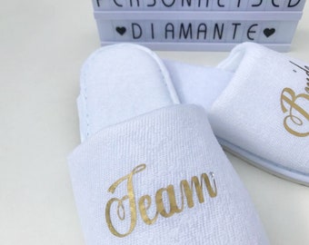 Team Bride slippers with gold wording, other roles and wording colour available