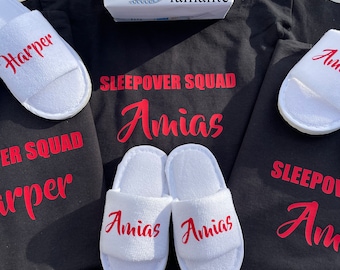 kids Sleepover Squad personalised, Birthday Pamper Party T-shirt, sleep mask, spa slippers set