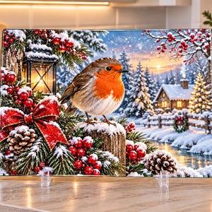 Robin Christmas A4 or A3  glass chopping board , worktop saver