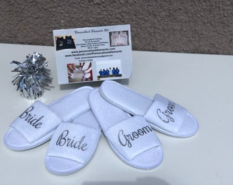 Bride and Groom matching slippers set, bride and groom gift set silver wording