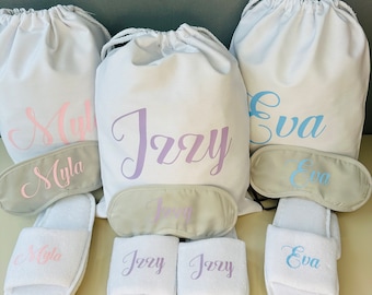 Personalised Sleepover white draw string bag set , eye mask, spa slippers