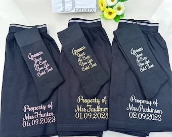 Personalised Groom boxers and socks matching gift set for the morning of your wedding