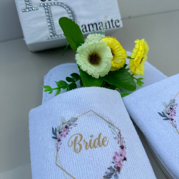 Personalised Bride slippers, Bridesmaid slippers , floral slippers, hen party, spa slippers