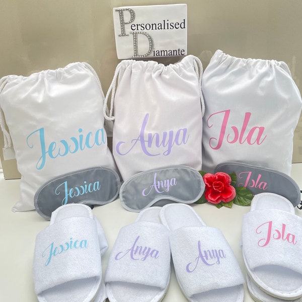 Personalised Sleepover white draw string bag set , eye mask, spa slippers