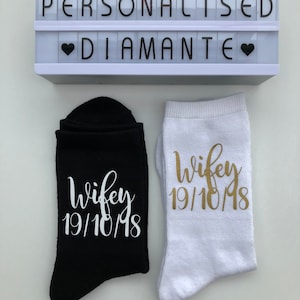 Black or White Wifey socks, Selection of wording colour to pick from