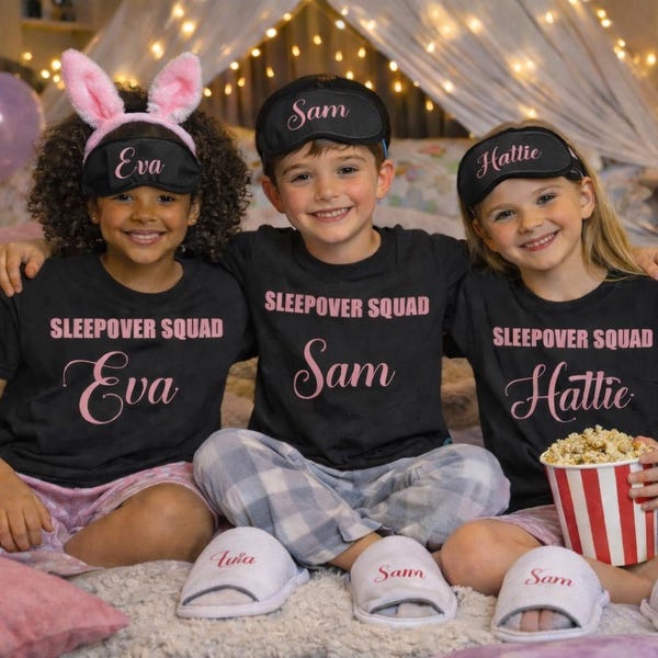 Slumber Squad, Sleepover, Birthday Pamper Party T-shirt, sleep mask, spa slippers set
