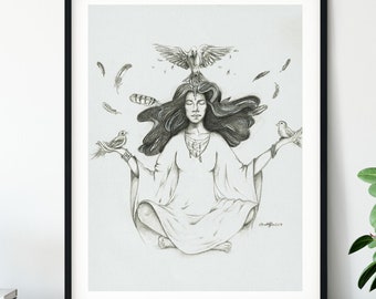 Original Art Print - Feather and Bird Meditation - "A Guiding" - Animal Guide - Angel Guide