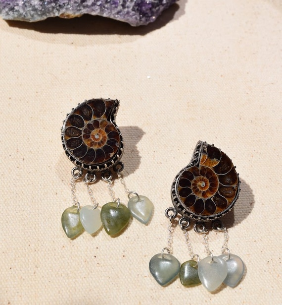 Ammonite Fossil and Jade Handmade Sterling Silver Dangle Earrings